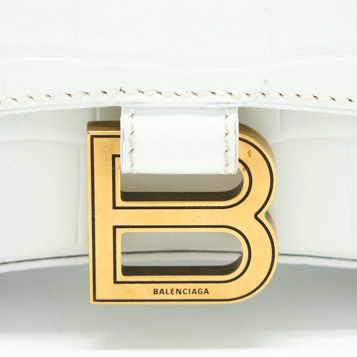 Top Quality Balenciaga Hourglass XS Croc Embossed Calfskin White GHW