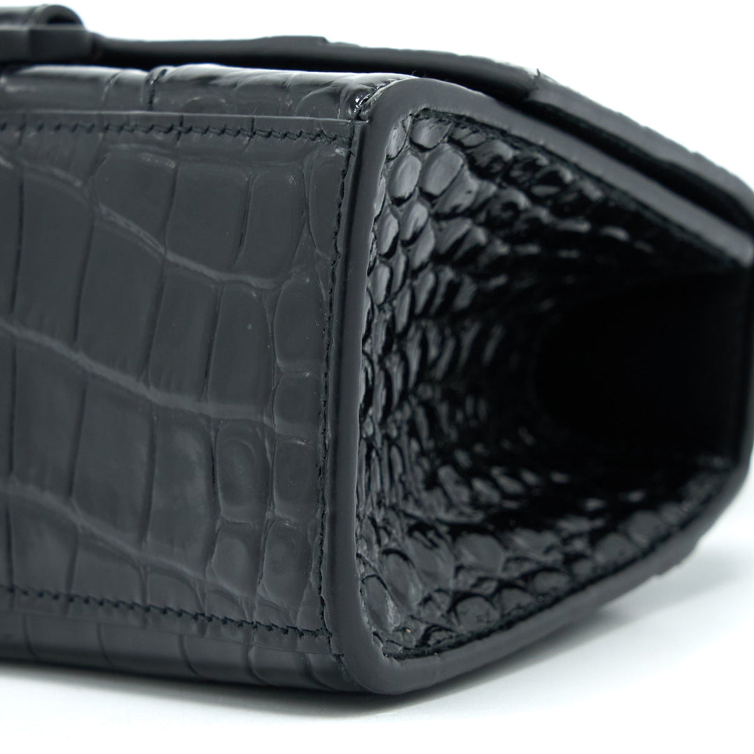 Top Quality Balenciaga Hourglass XS Croc-Embossed Leather Black with Black Hardware