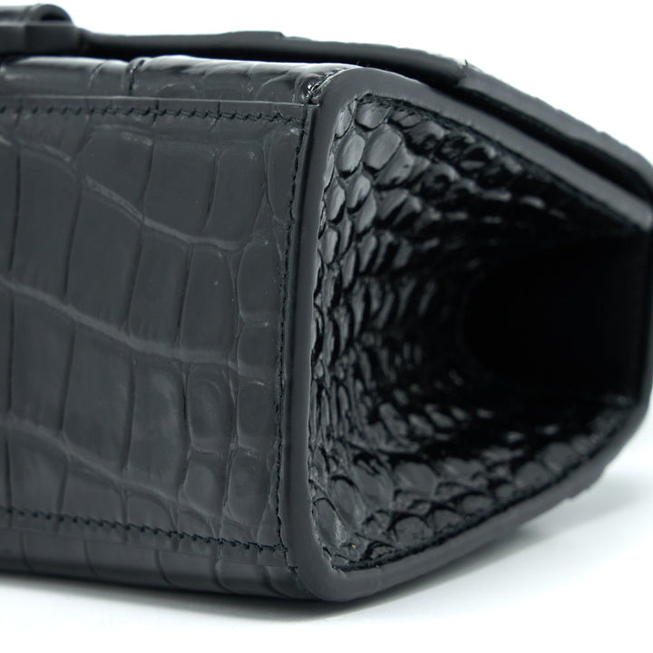 Top Quality Balenciaga Hourglass XS Croc-Embossed Leather Black with Black Hardware