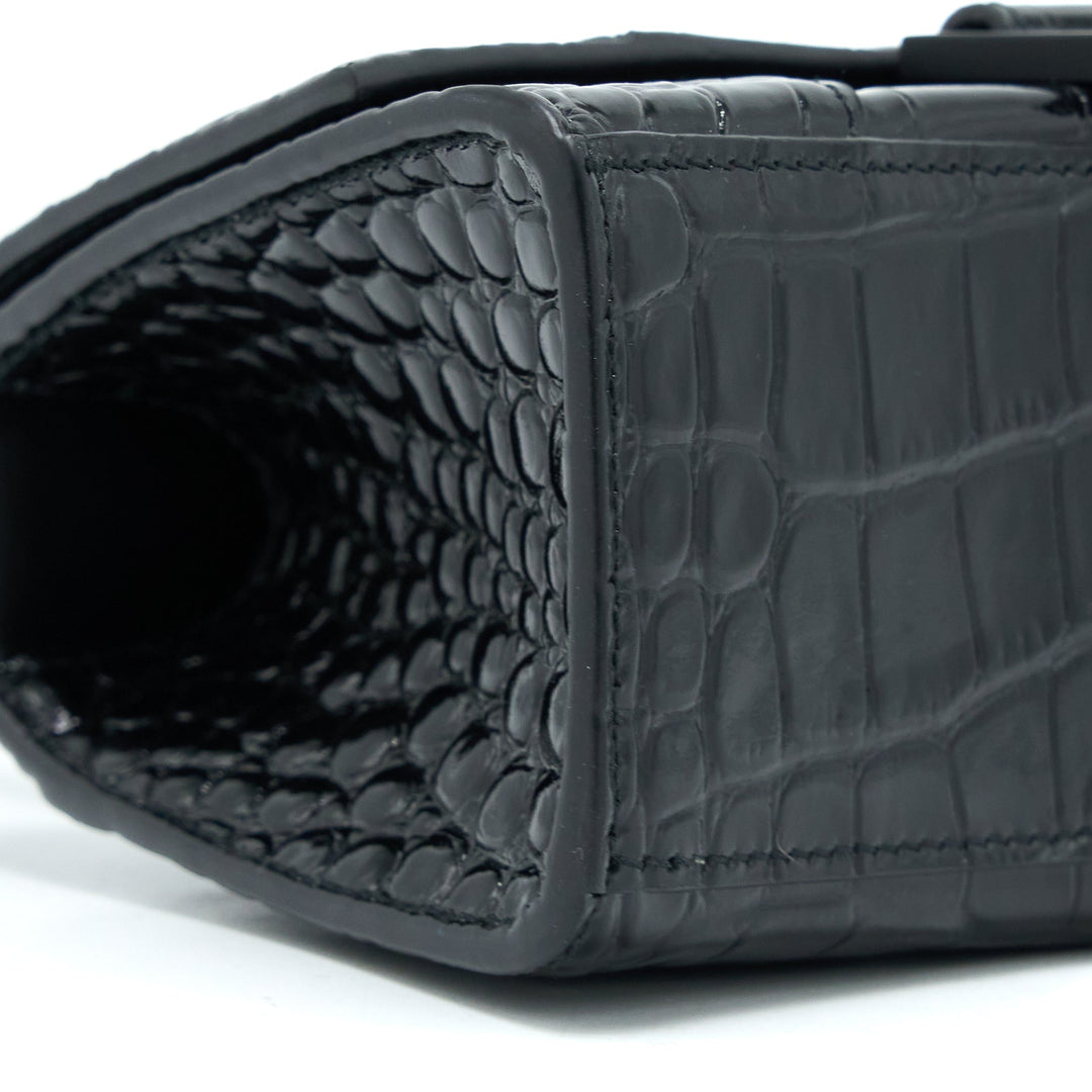 Top Quality Balenciaga Hourglass XS Croc-Embossed Leather Black with Black Hardware