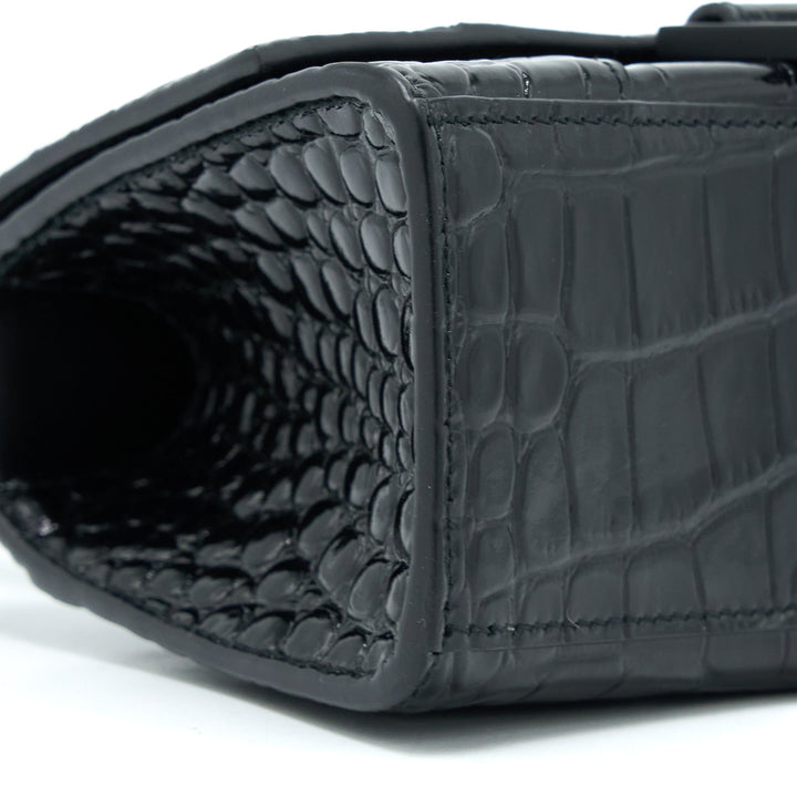 Top Quality Balenciaga Hourglass XS Croc-Embossed Leather Black with Black Hardware