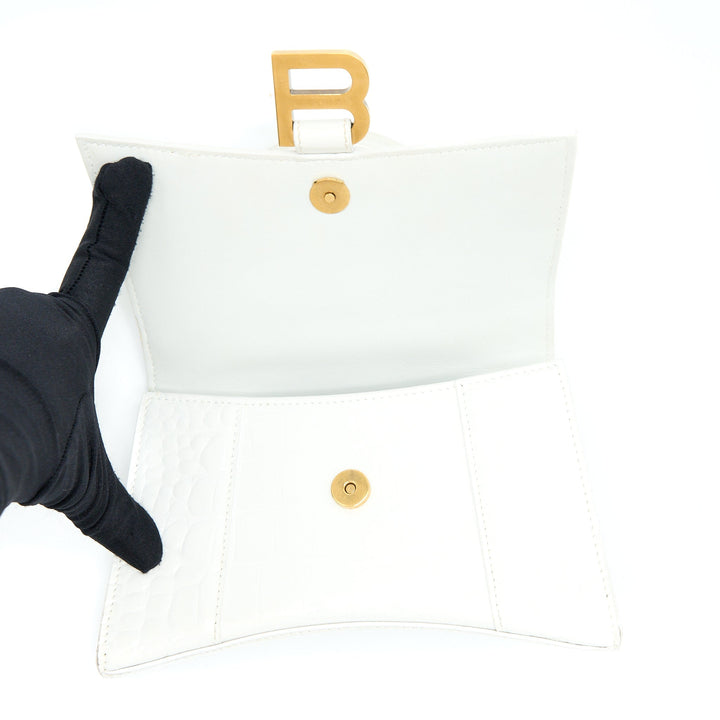 Top Quality Balenciaga Hourglass XS Croc Embossed Calfskin White GHW