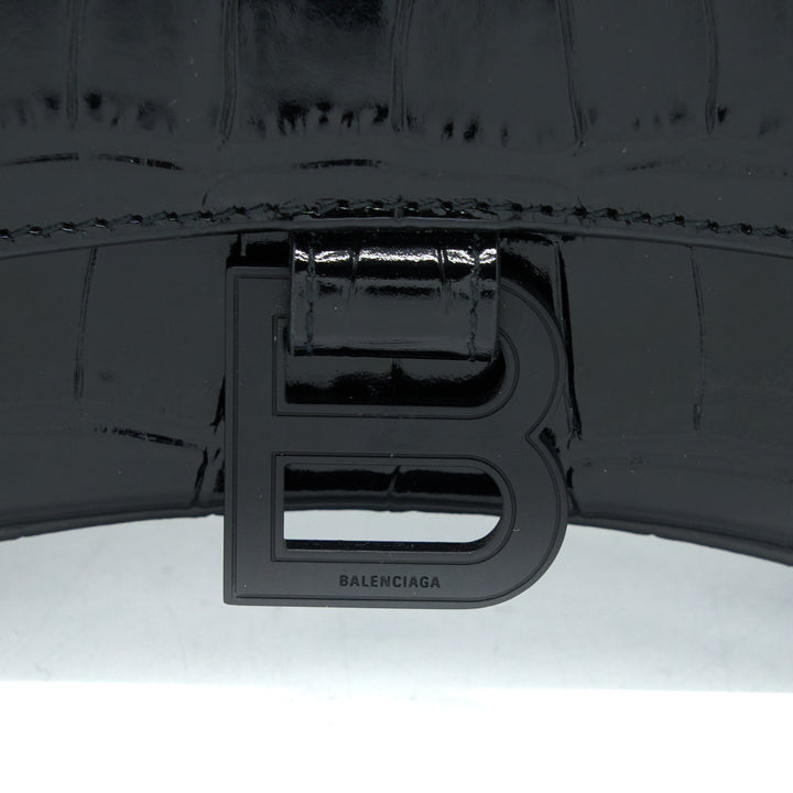 Top Quality Balenciaga Hourglass XS Croc-Embossed Leather Black with Black Hardware