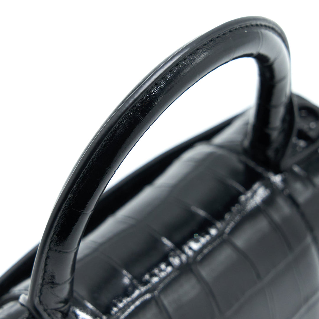 Top Quality Balenciaga Hourglass XS Croc-Embossed Leather Black with Black Hardware