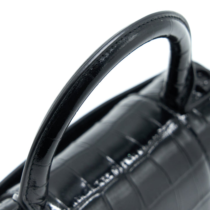 Top Quality Balenciaga Hourglass XS Croc-Embossed Leather Black with Black Hardware