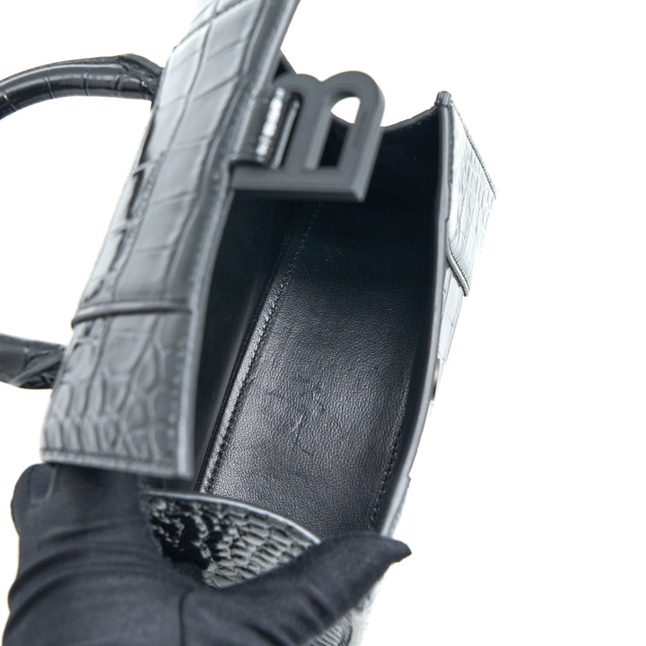 Top Quality Balenciaga Hourglass XS Croc-Embossed Leather Black with Black Hardware