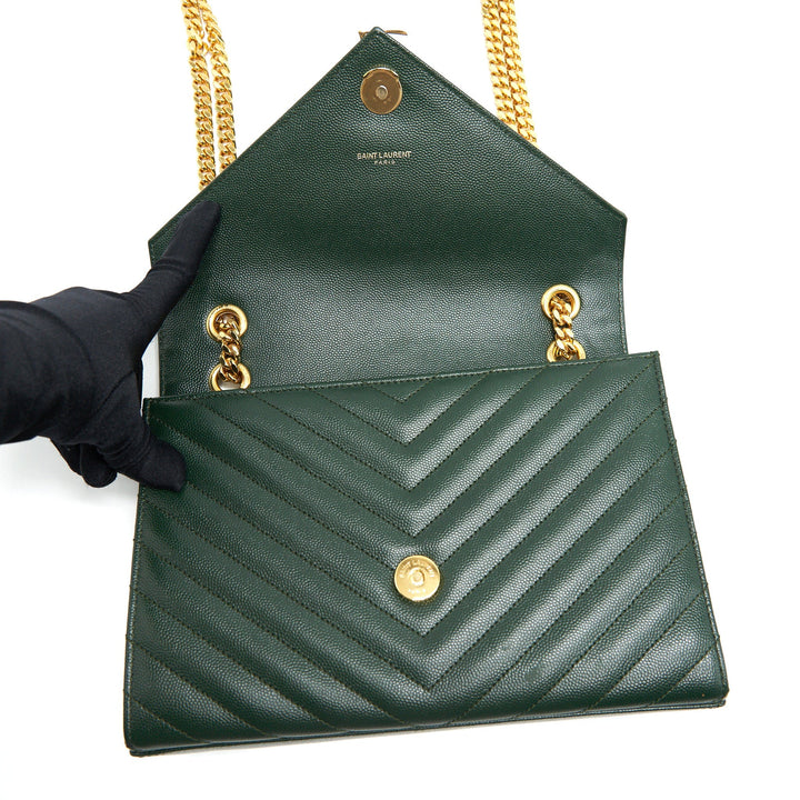 Saint Laurent Chevron Monogram Flap Bag Dark Green GHW