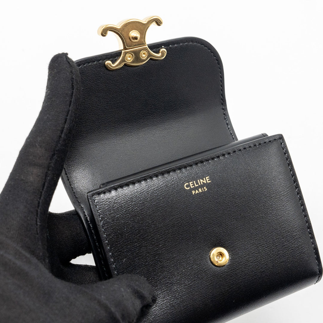 Top Quality Celine Small Triomphe Flap Wallet Shiny Calfskin Black