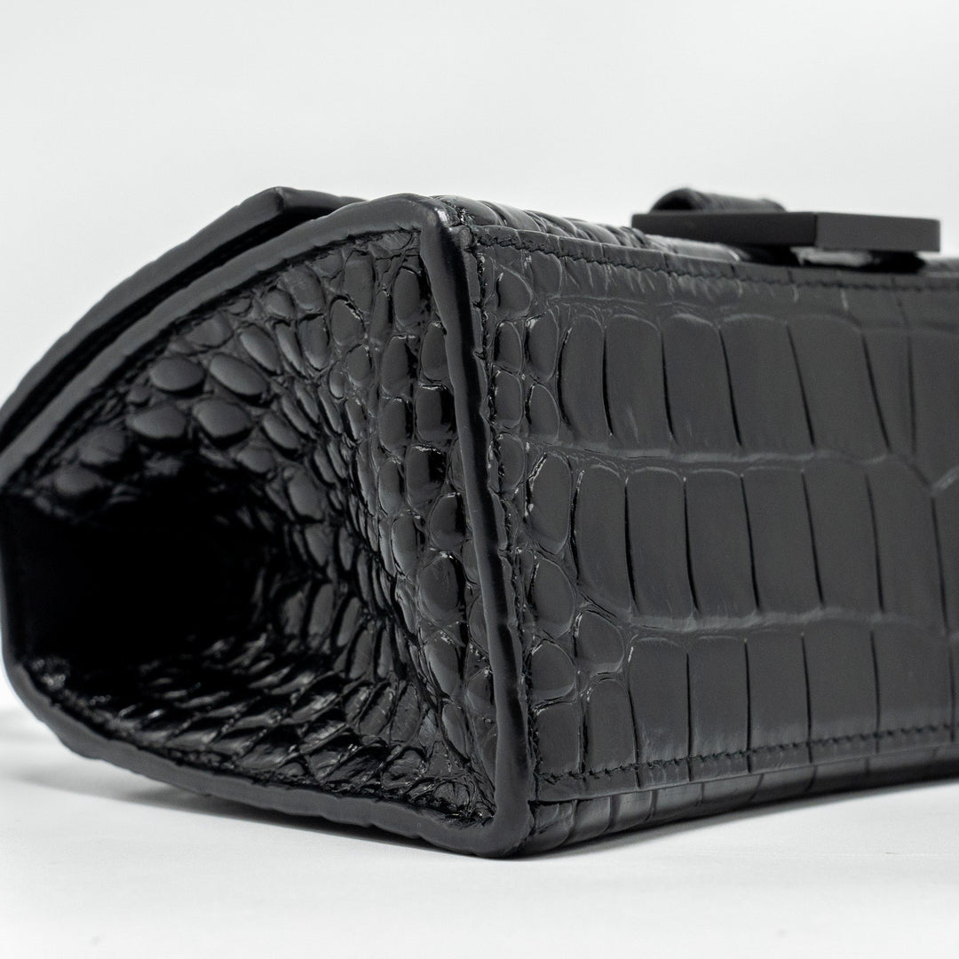 Top Quality Balenciaga XS Hourglass Croc-embossed Calfskin So Black