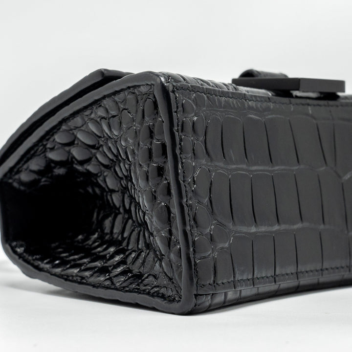 Top Quality Balenciaga XS Hourglass Croc-embossed Calfskin So Black