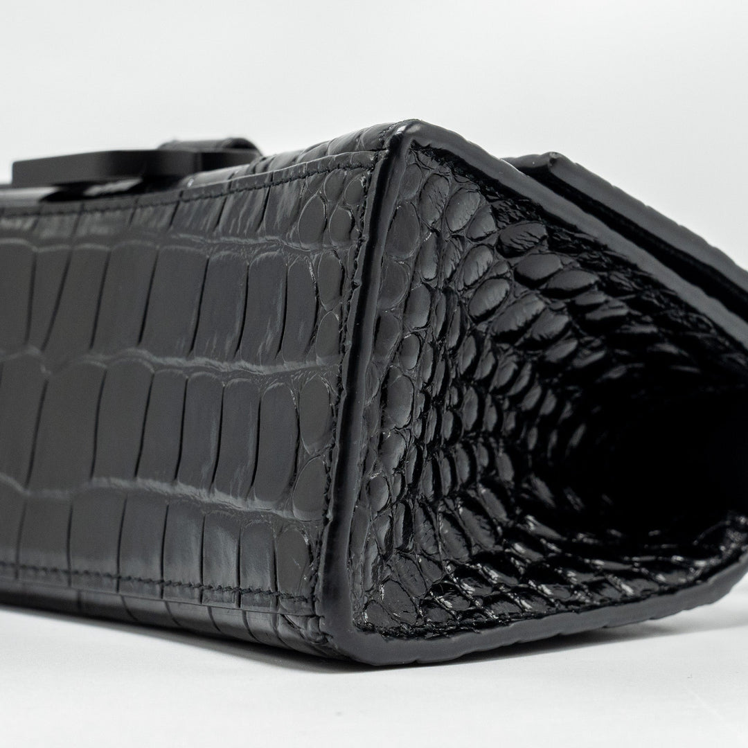 Top Quality Balenciaga XS Hourglass Croc-embossed Calfskin So Black
