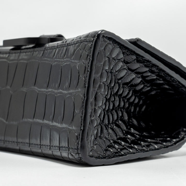 Top Quality Balenciaga XS Hourglass Croc-embossed Calfskin So Black