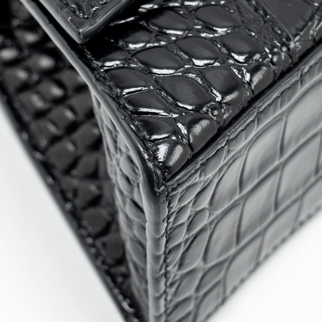Top Quality Balenciaga XS Hourglass Croc-embossed Calfskin So Black