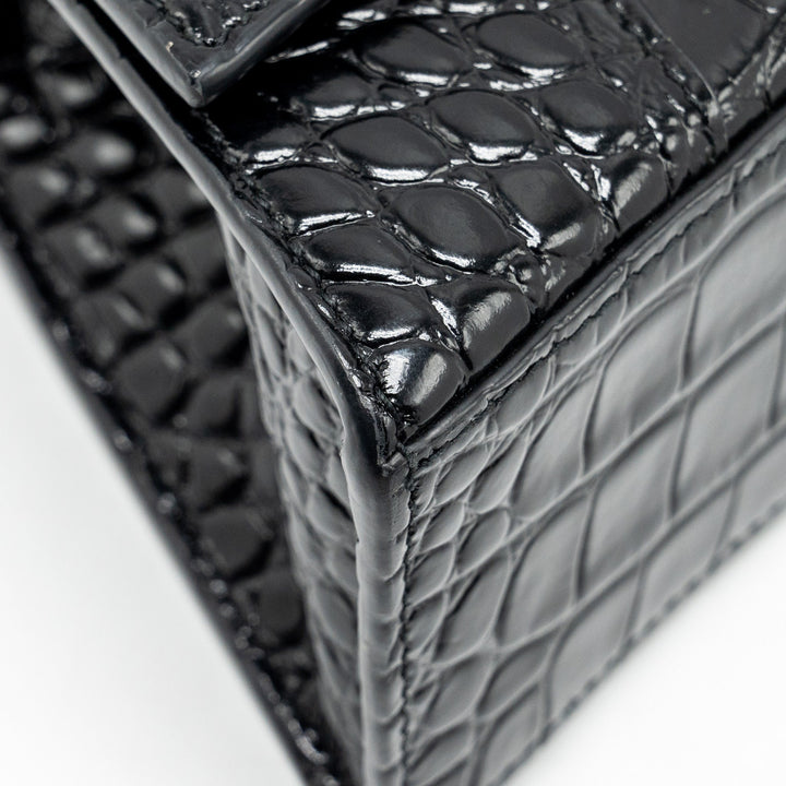 Top Quality Balenciaga XS Hourglass Croc-embossed Calfskin So Black
