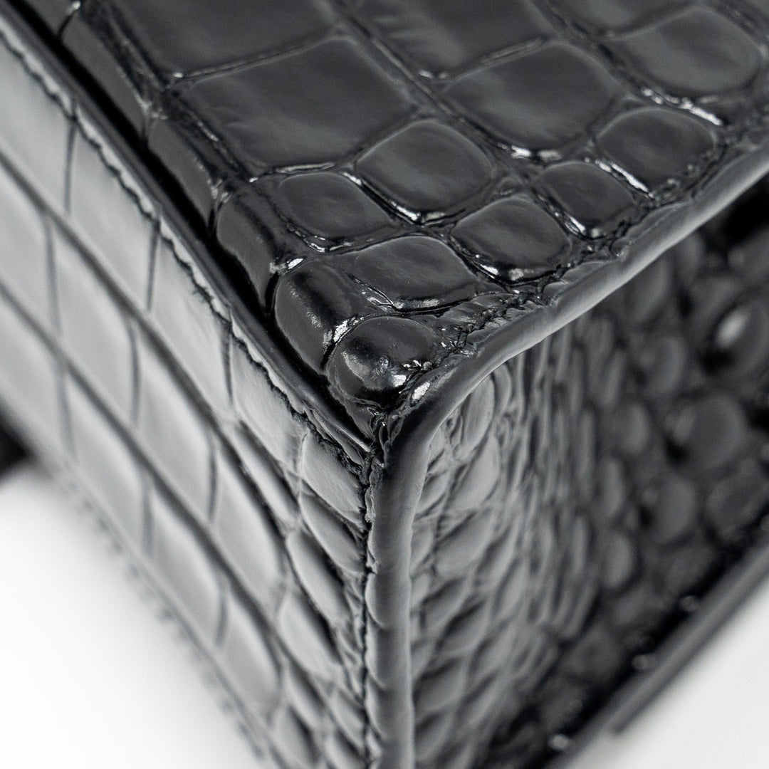 Top Quality Balenciaga XS Hourglass Croc-embossed Calfskin So Black