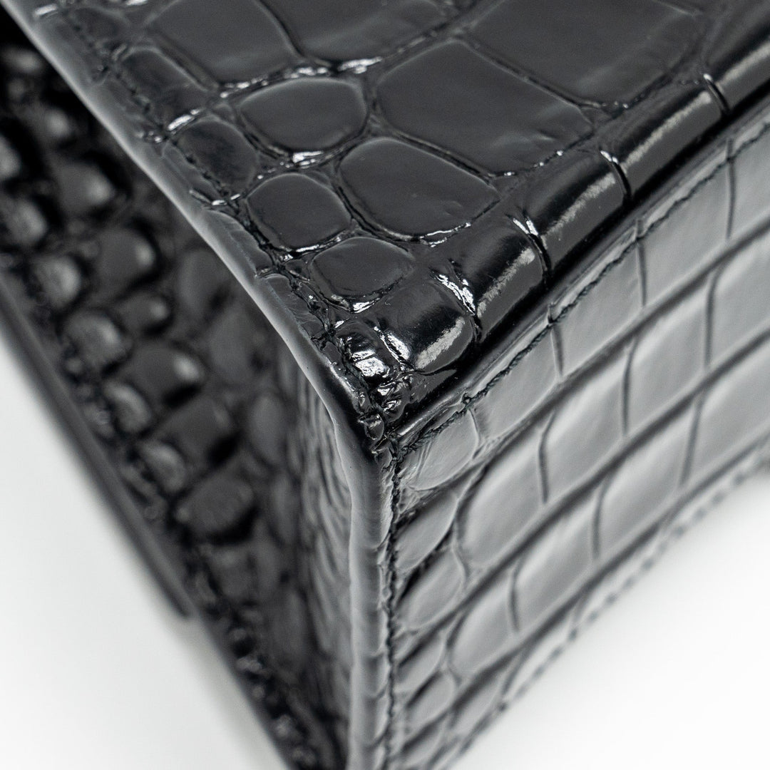 Top Quality Balenciaga XS Hourglass Croc-embossed Calfskin So Black
