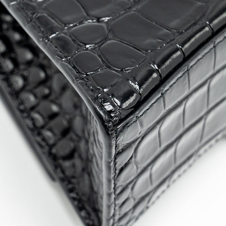 Top Quality Balenciaga XS Hourglass Croc-embossed Calfskin So Black