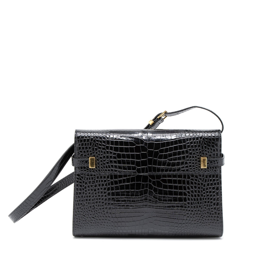 Saint Laurent Manhattan Shoulder Bag Crocodile-Embossed Black GHW