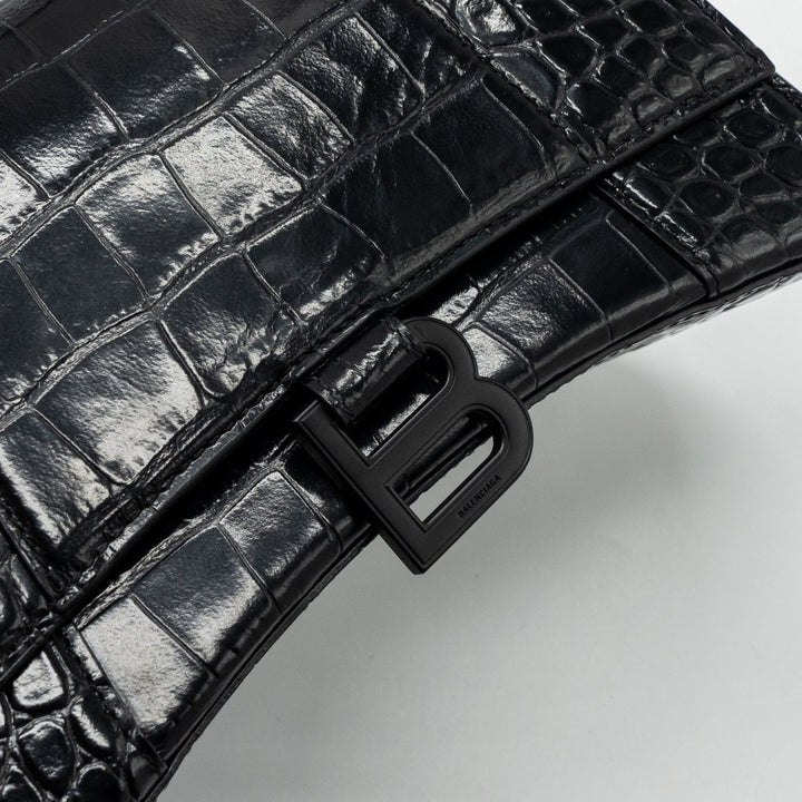Top Quality Balenciaga Hourglass S Croc-Embossed Calfskin So Black