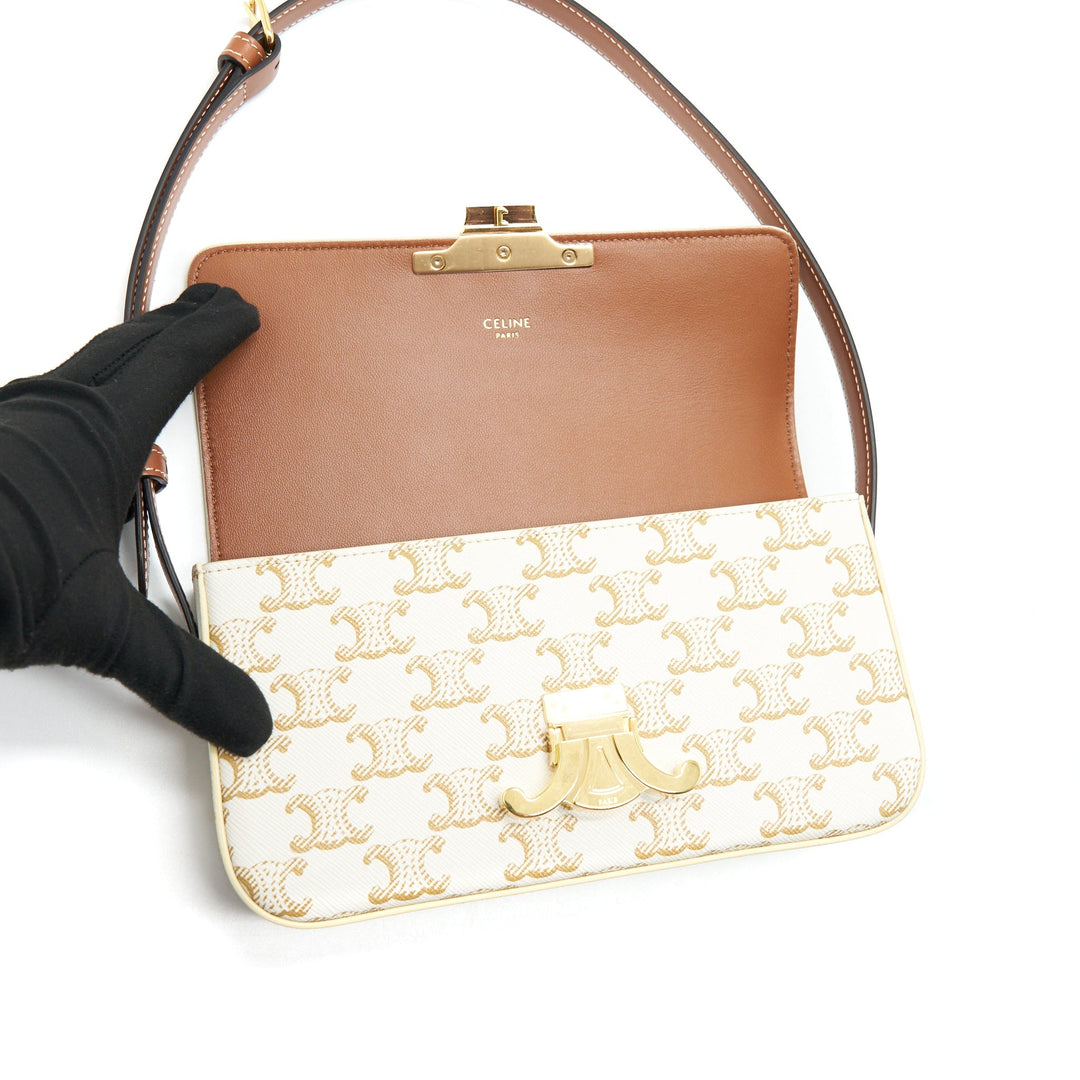 Top Quality Celine Triomphe Shoulder Bag in Triomphe Canvas and Calfskin White