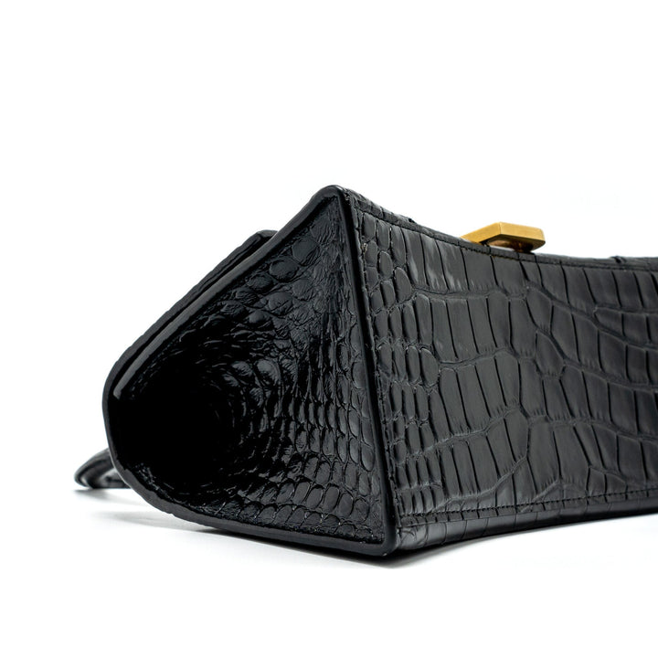 Top Quality Balenciaga Small Hourglass Bag Croc-Embossed Calfskin Black GHW