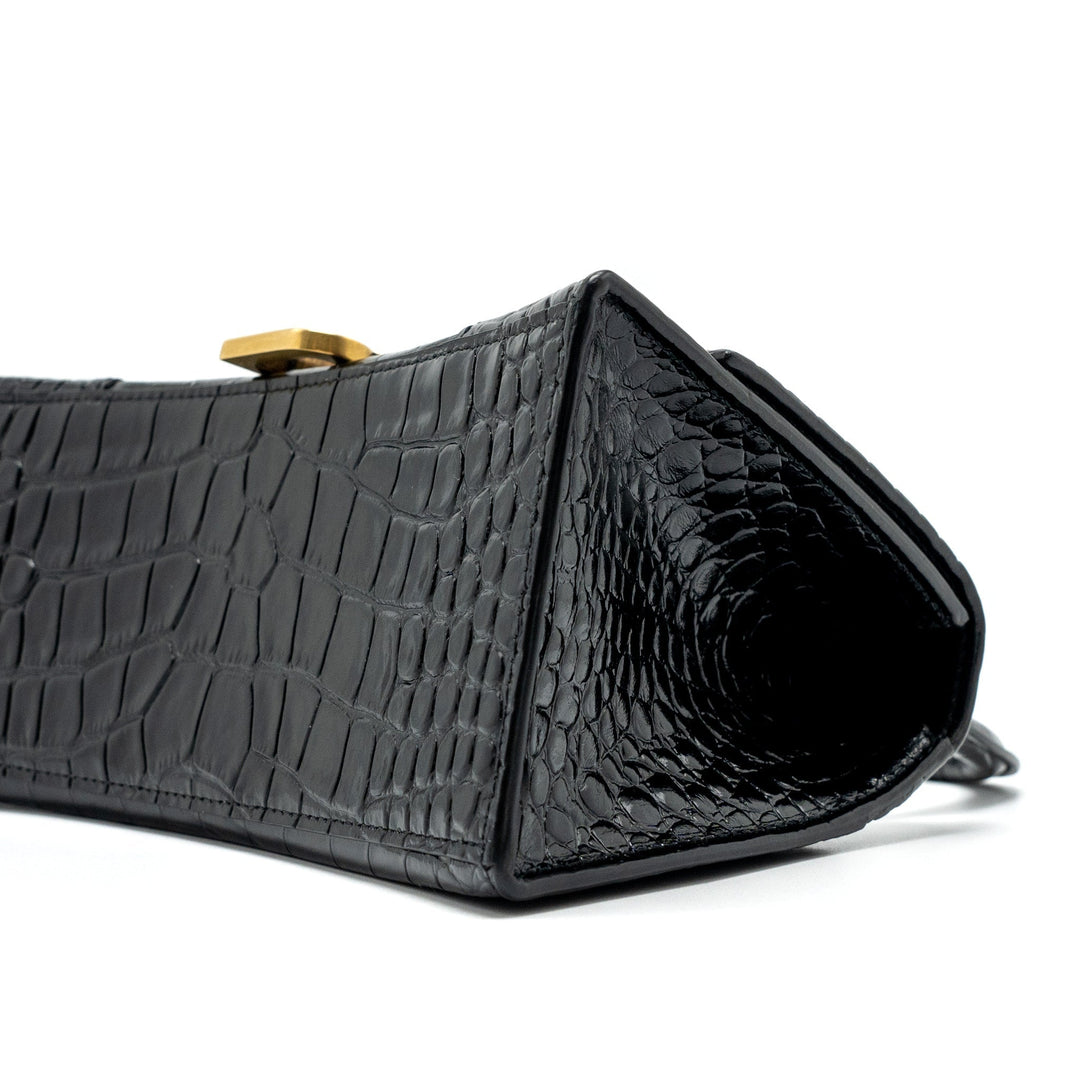 Top Quality Balenciaga Small Hourglass Bag Croc-Embossed Calfskin Black GHW