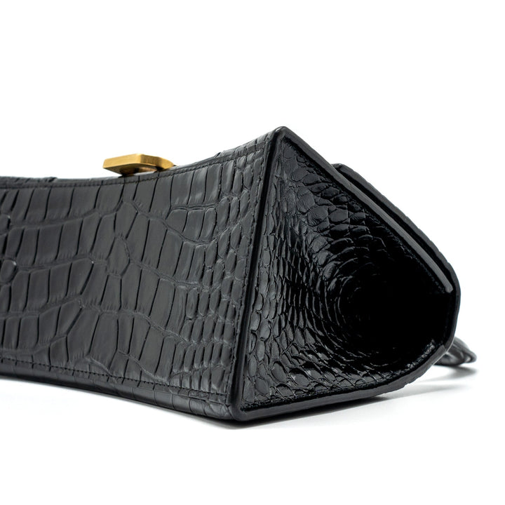 Top Quality Balenciaga Small Hourglass Bag Croc-Embossed Calfskin Black GHW