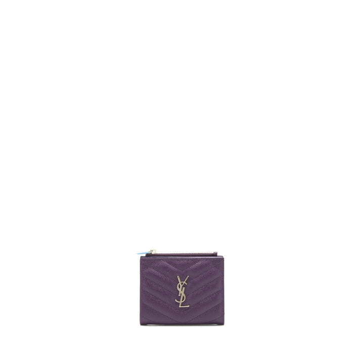 Saint Laurent Quilted Monogram Bi-fold Wallet Dark Purple SHW