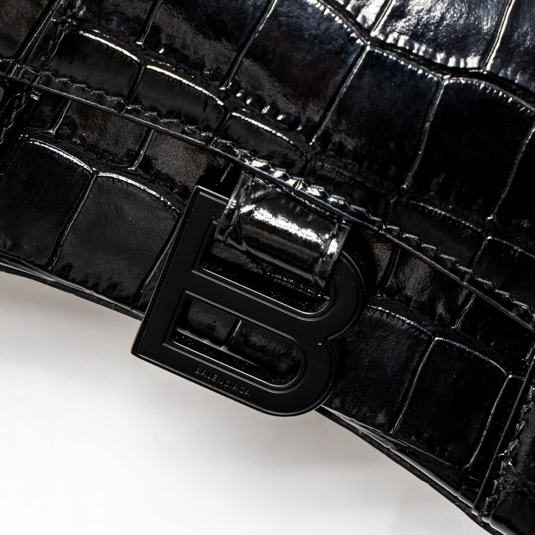 Top Quality Balenciaga Hourglass XS Croc-Embossed Calfskin So Black