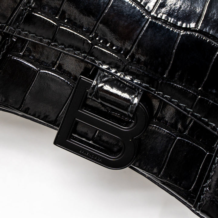 Top Quality Balenciaga Hourglass XS Croc-Embossed Calfskin So Black