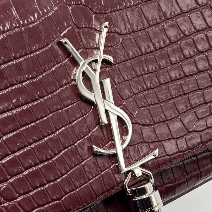 Saint Laurent/YSL Kate Bag Croc Embossed Calfskin Burgundy SHW