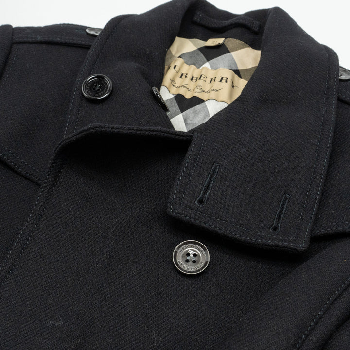 Burberry Size IT40 Pea Double Breasted Belted-Waist Coat Virgin Wool Black