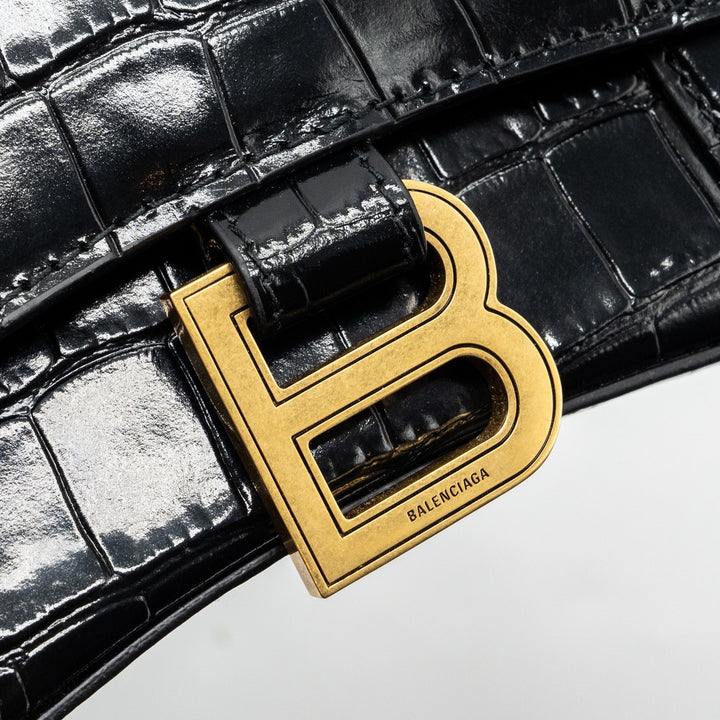 Top Quality Balenciaga Hourglass XS Handbag Crocodile Embossed Black GHW