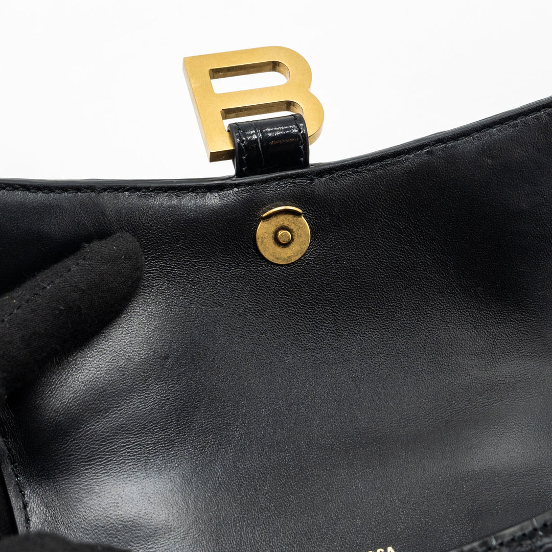 Top Quality Balenciaga Hourglass XS Handbag Crocodile Embossed Black GHW