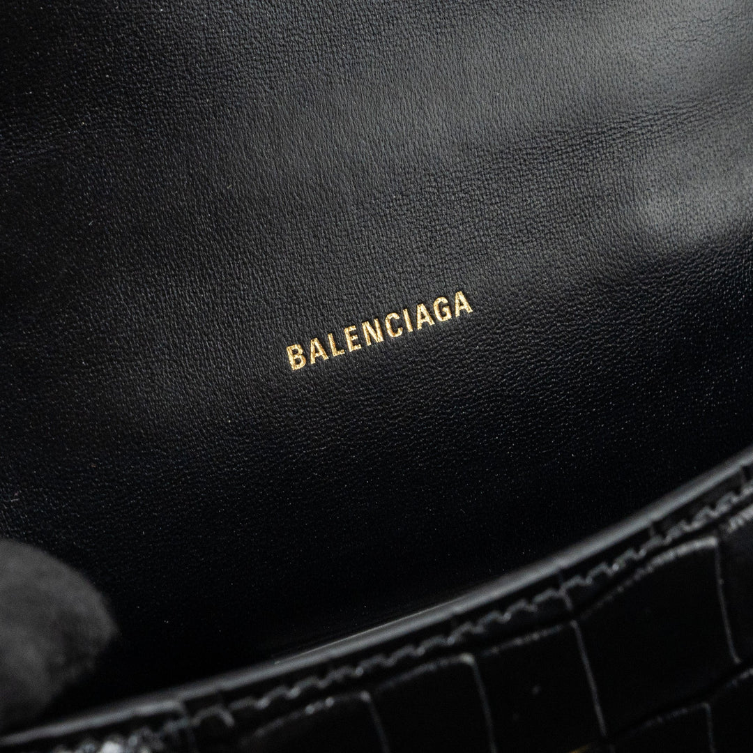 Top Quality Balenciaga Hourglass XS Handbag Crocodile Embossed Black GHW
