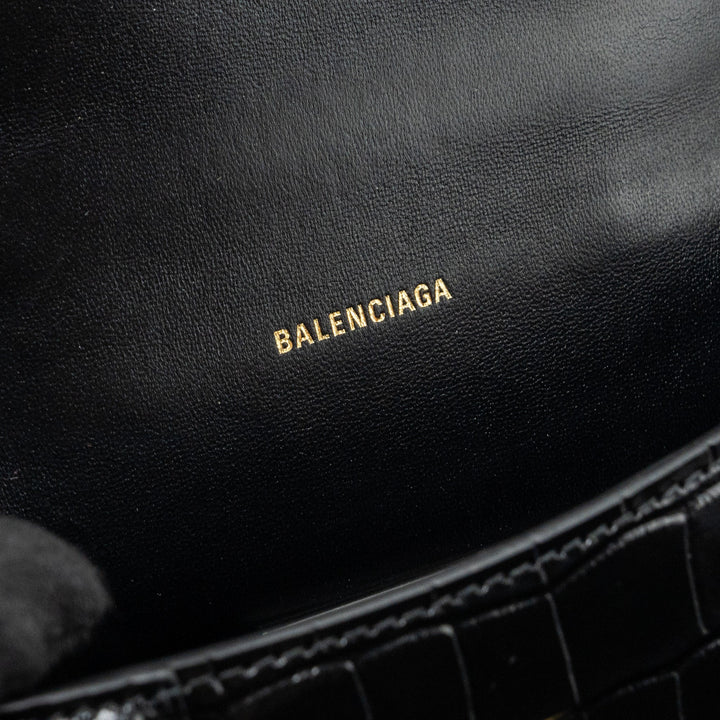 Top Quality Balenciaga Hourglass XS Handbag Crocodile Embossed Black GHW