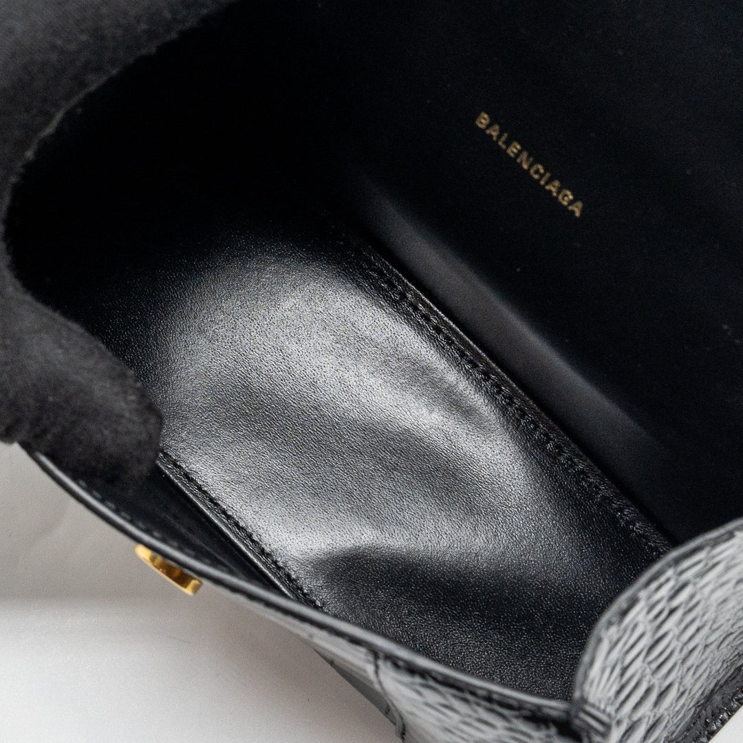 Top Quality Balenciaga Hourglass XS Handbag Crocodile Embossed Black GHW