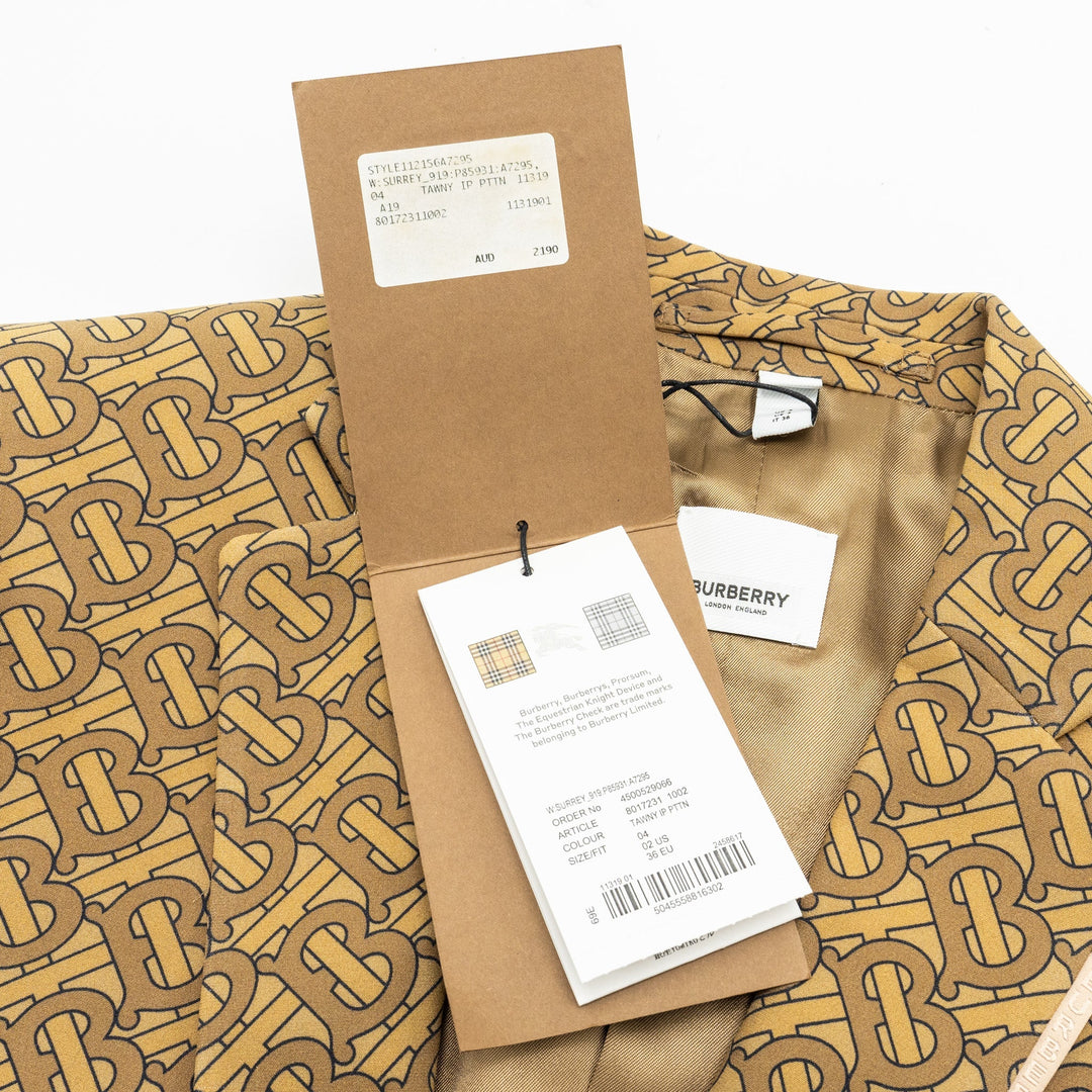 Burberry Size IT36 Monogram Print Slim-Fit Blazer Silk Tawny