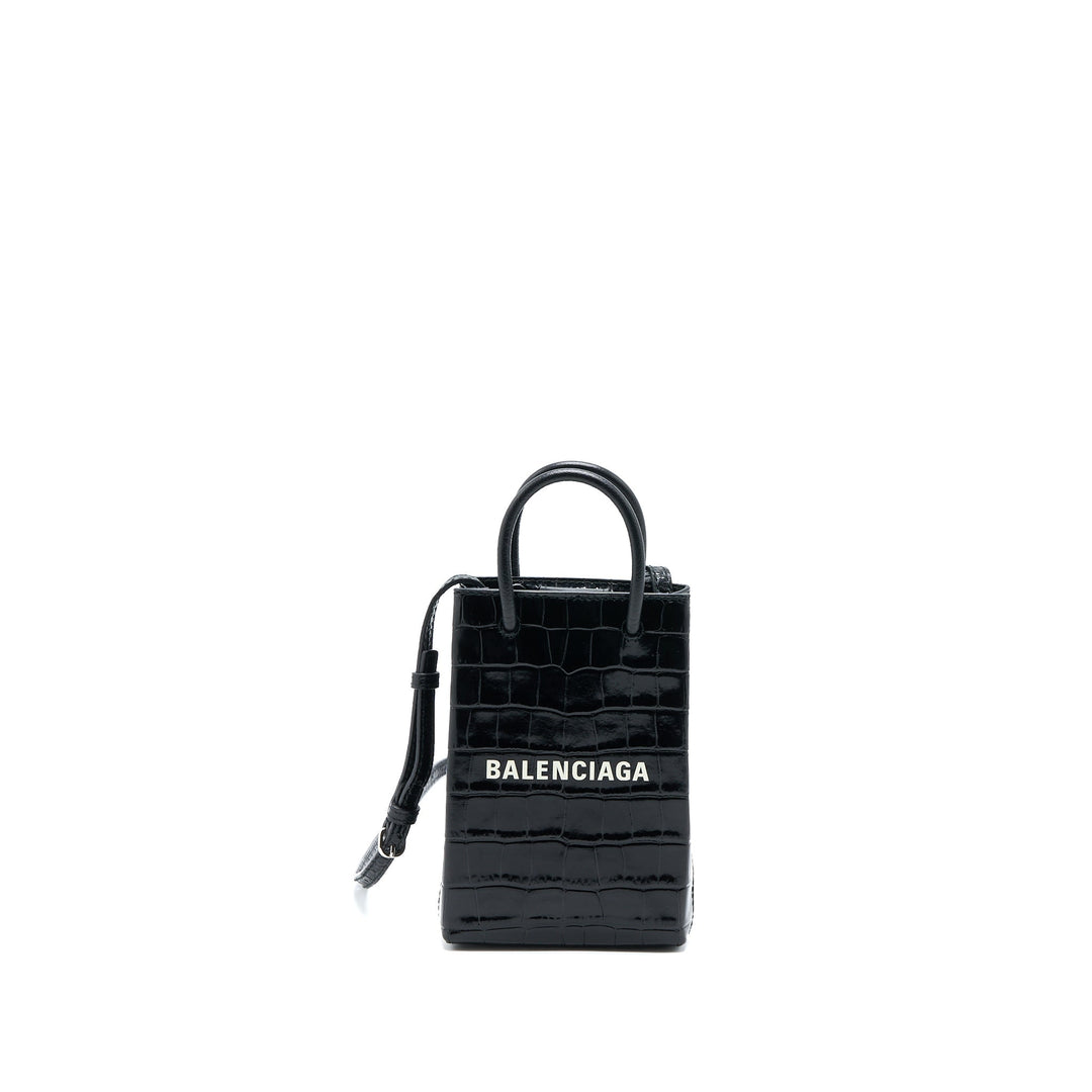 Top Quality Balenciaga Mini Shopping Phone Pouch Coro-Emboss Calfskin Black SHW
