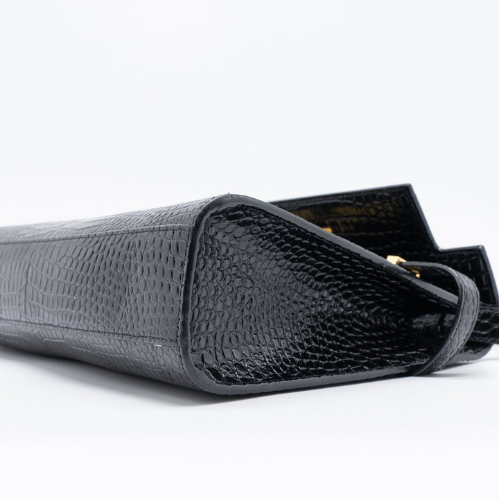Saint Laurent Manhattan Shoulder Bag Crocodile-Embossed Black GHW