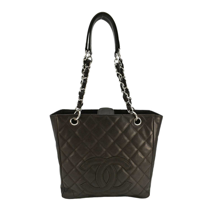 Top Quality Chanel Petite Quilted Caviar Leather Shopping Tote Shoulder Bag Dark Brown
