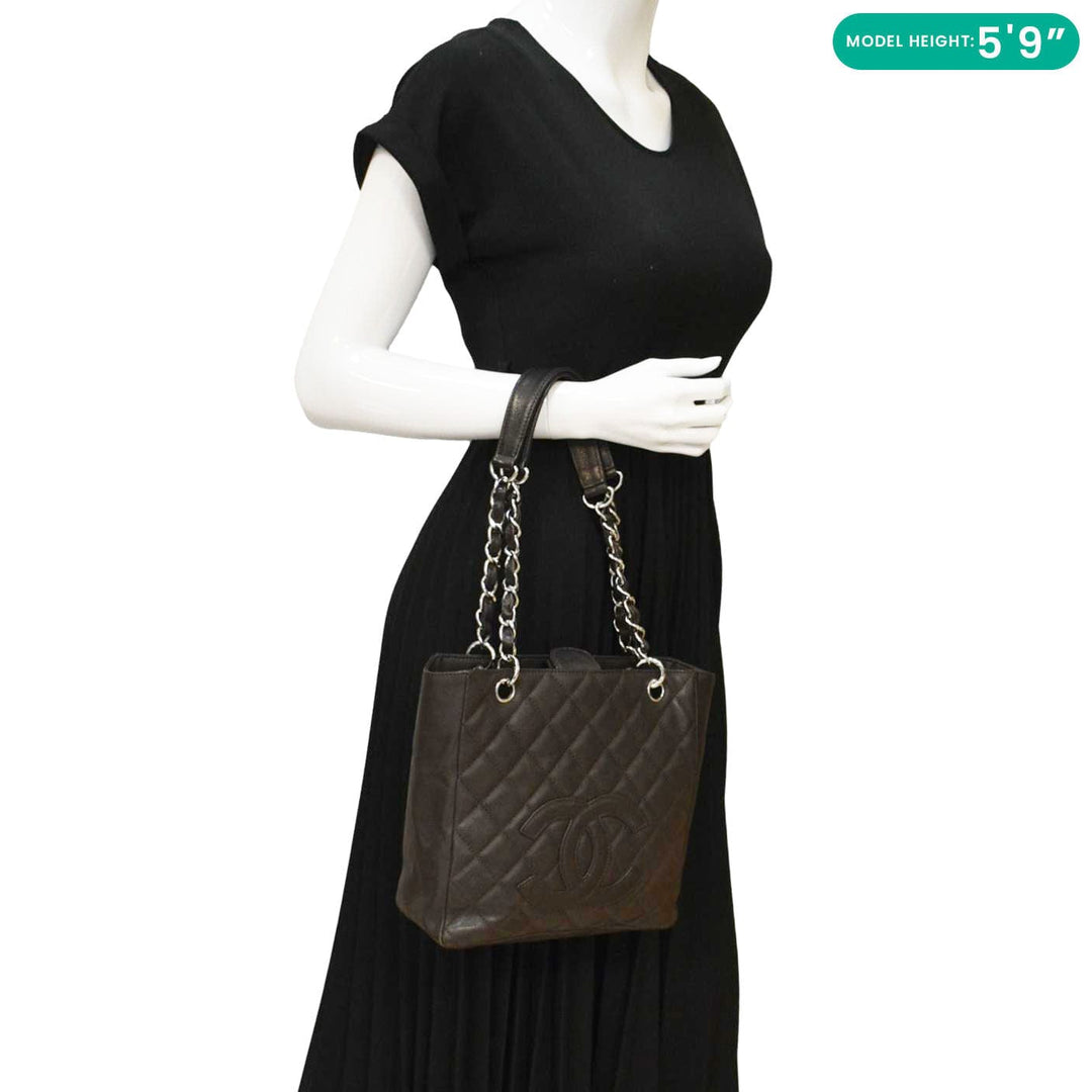 Top Quality Chanel Petite Quilted Caviar Leather Shopping Tote Shoulder Bag Dark Brown