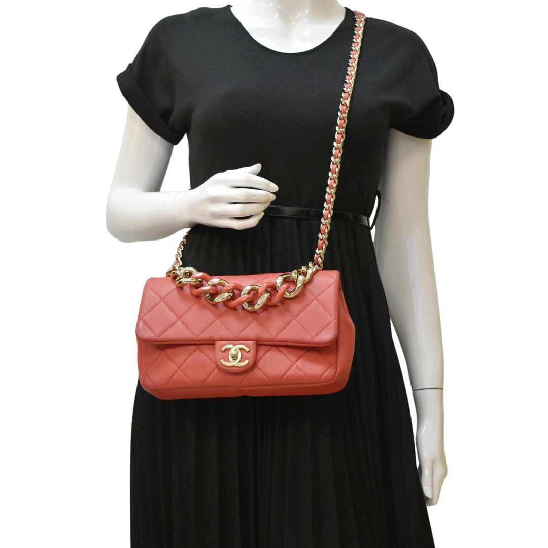 Top Quality Chanel Resin Chain Flap Lambskin Quilted Leather Shoulder Bag Red