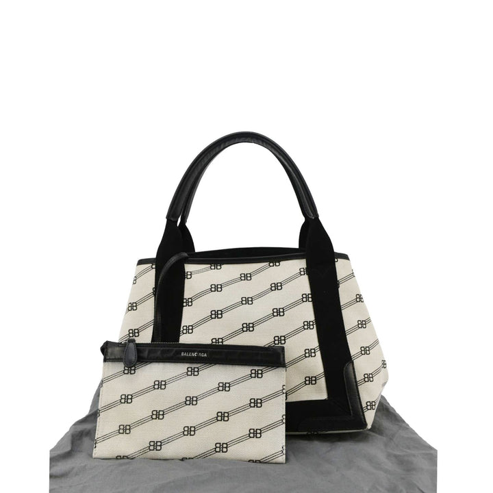Top Quality Balenciaga  Logo S Navy Cabas Canvas Hobo Bag White
