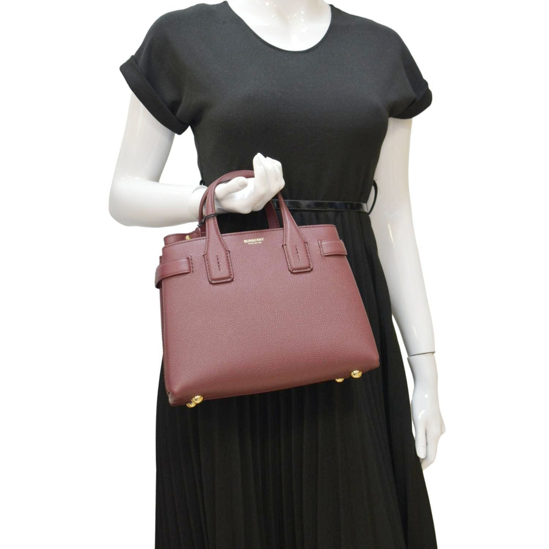 Burberry Banner Small House Check Leather Tote Shoulder Bag Maroon