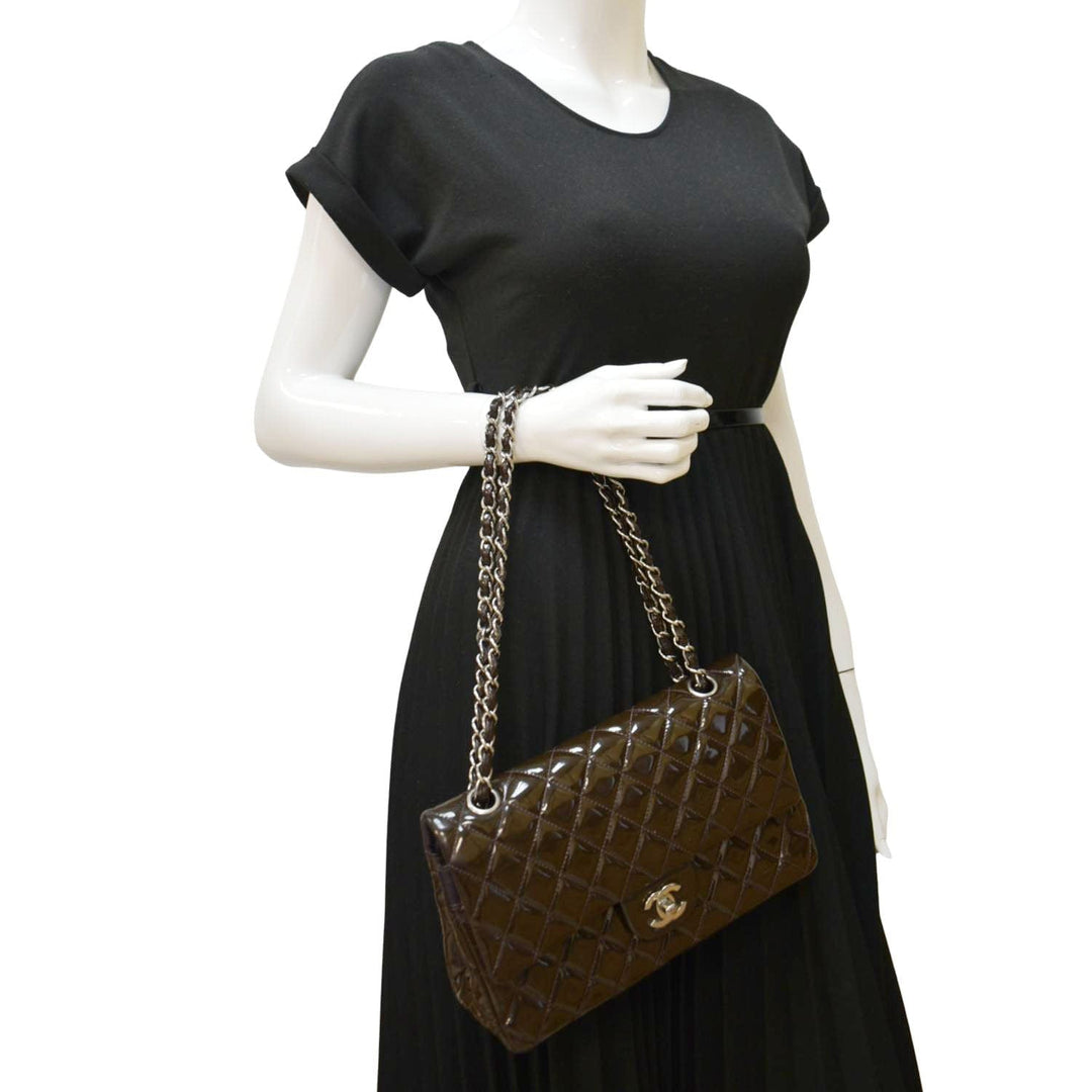 Top Quality Chanel Classic Medium Double Flap Patent Leather Shoulder Bag Dark Brown