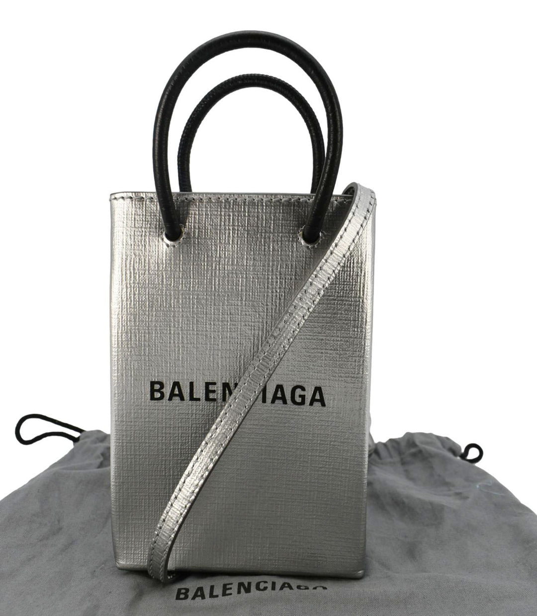 Top Quality Balenciaga Metallic Logo Leather Shopping Phone Holder Silver