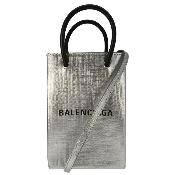 Top Quality Balenciaga Metallic Logo Leather Shopping Phone Holder Silver
