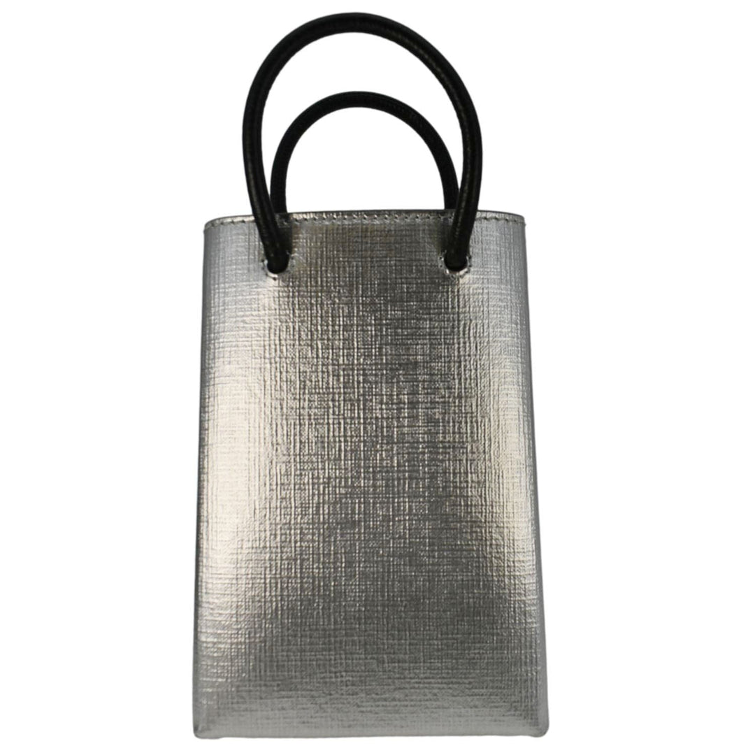 Top Quality Balenciaga Metallic Logo Leather Shopping Phone Holder Silver