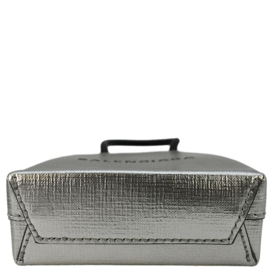 Top Quality Balenciaga Metallic Logo Leather Shopping Phone Holder Silver